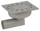 siphon de sol inox sort.horiz. GE50mm 200x200 ø63 mm trous oblongs 15kN microbillé