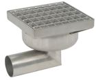 siphon de sol inox sort.horiz. GE50mm 200x200 ø63 mm caillebotis 15kN microbillé