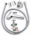 Kit complet pour WC raccord douchette fournie. - Robinet arrêt laiton chromé équerre 3 voies pour WC presse-étoupe - M3/8' - Erou tournant 3/8' - M1/2' - Tête à clapet + Douchette ABS + Flexible 1,2m + Support fixation murale