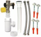 Kit complet de raccordement pour chauffe-eau comprenant 1 groupe de sécurité droit NF pour eau calcaire, 1 siphon NF, 1 flexible extensible d'évacuation, 2 flexibles F20/27-M15/21 et 1 jeu de fixation, 1 ruban téflon