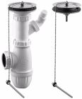BB122 -Siphon évier 2 cuves communiquantes Ø60 - Sortie écrou 40/49 avec joint américain pour tube de 40 - Livré complet avec 2 bondes à bouchon - 1 prise de machine à laver - cuvette inox diam.85mm.
