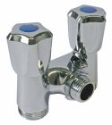 Robinet à clapet double sorties en parallèle - Polyvalent et esthétique, montage toutes positions - Entrée Mâle 1/2' - Double sorties Mâle 3/4' - Corps en laiton - Double croisillons indépendants ABS - Finition chromée - ACS