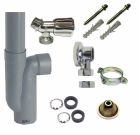 Kit d'installation pour 1 machine à laver - Kit contenant 1 robinet de machine à laver standard à clapet en laiton chromé + 1 applique + 1 siphon à sortie horizontale + les accessoires de fixation